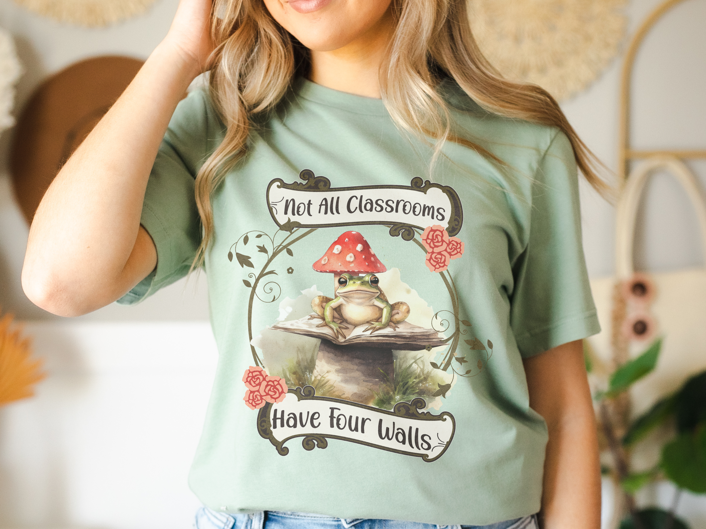 Homeschool Shirt | "Not All Classrooms Have Four Walls" Vintage Frog and Mushroom Tee-Sage