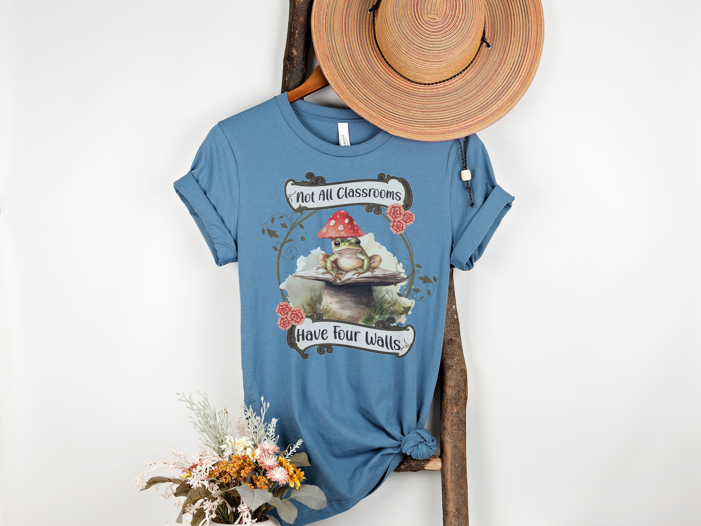 Homeschool Shirt | "Not All Classrooms Have Four Walls" Vintage Frog and Mushroom Tee-Steel Blue