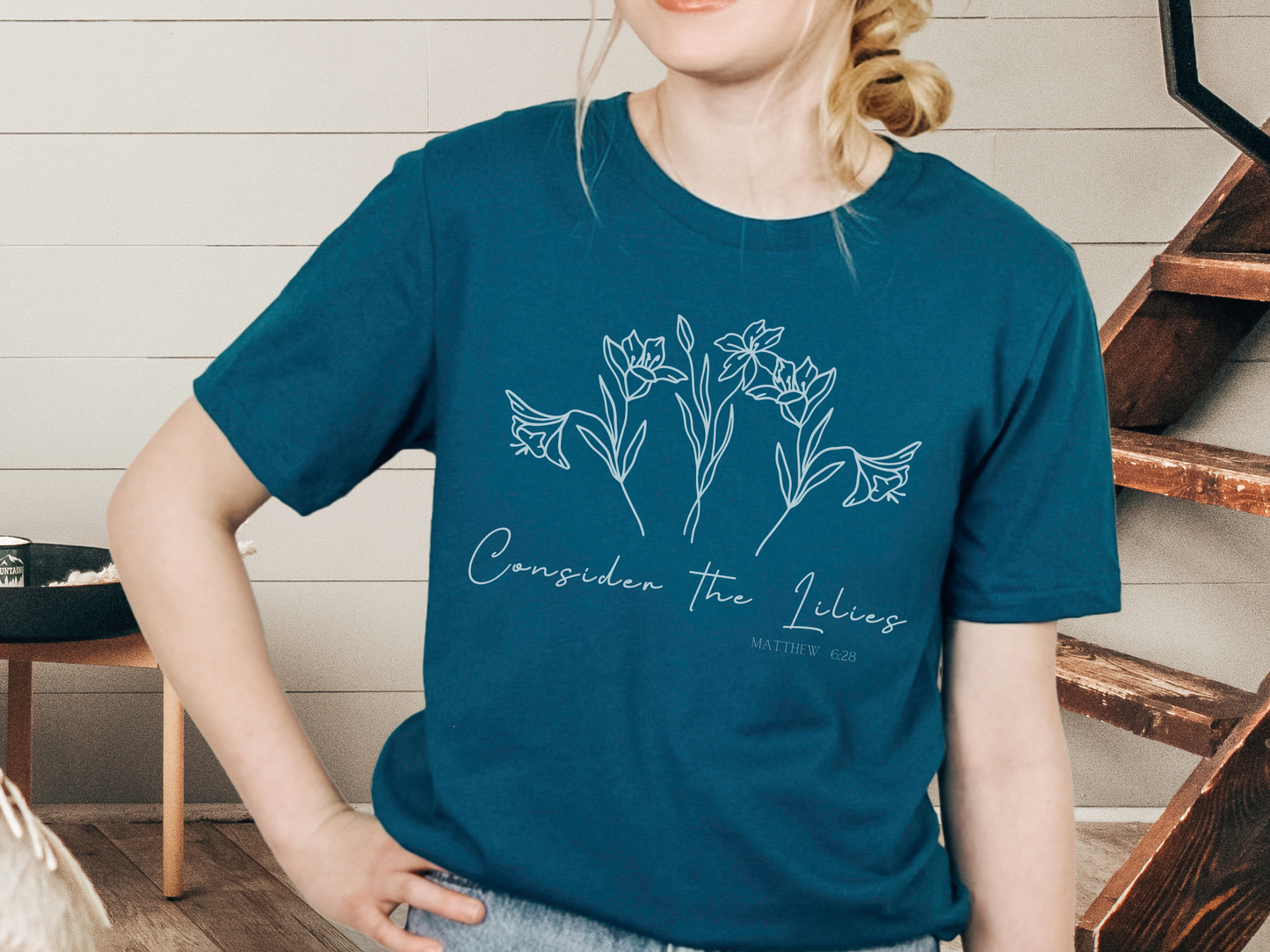 Christian T-shirt | "Consider The Lilies" Women's Faith Tee-dark teal