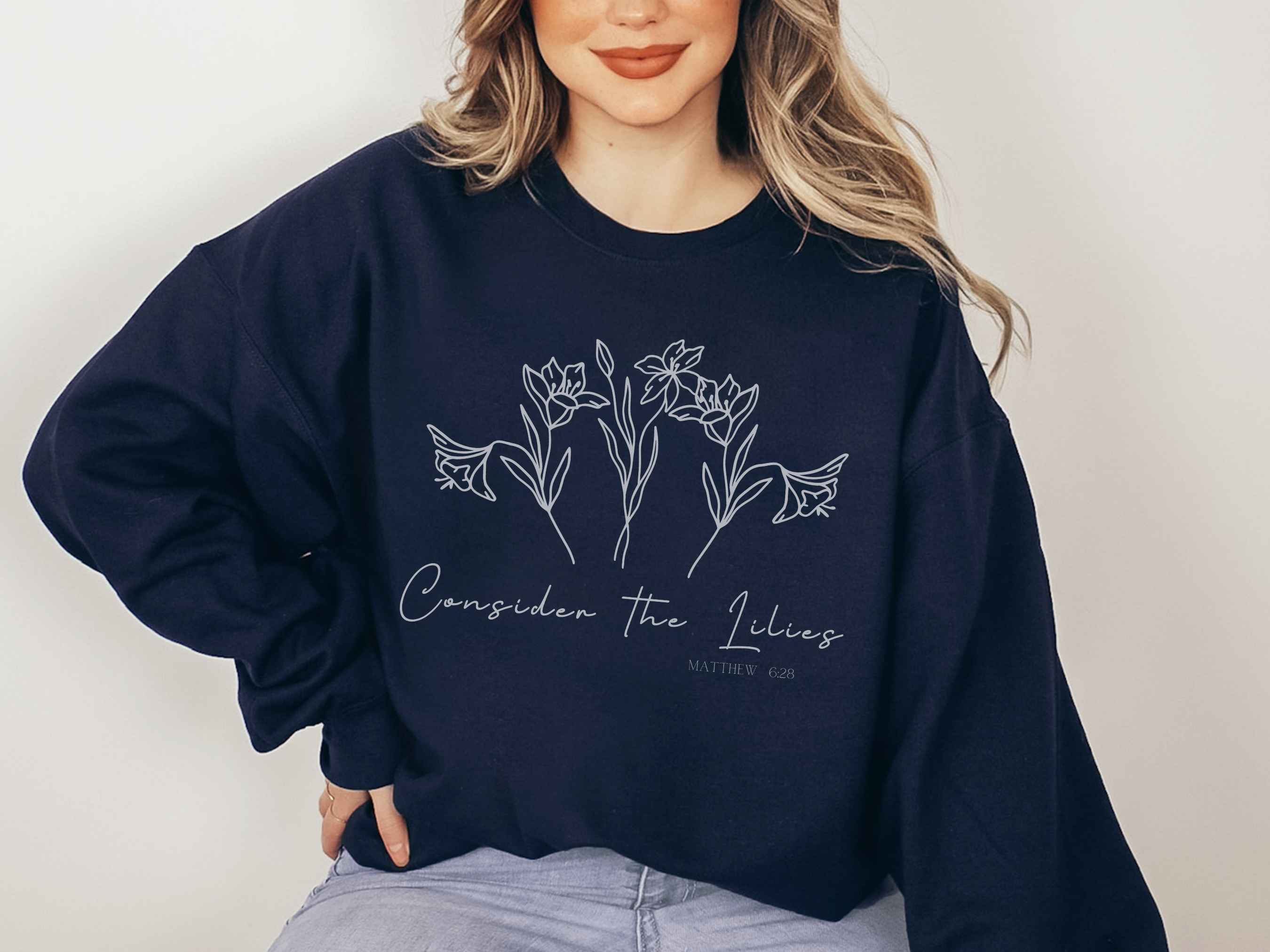 Christian Shirt | "Consider The Lilies" Sweatshirt-navy
