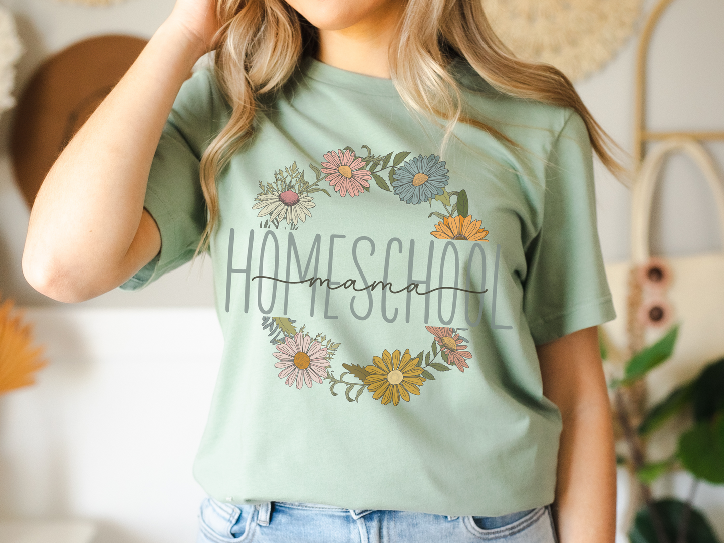Homeschool T-shirt | "Homeschool Mama" Daisy Wreath Tee-Sage
