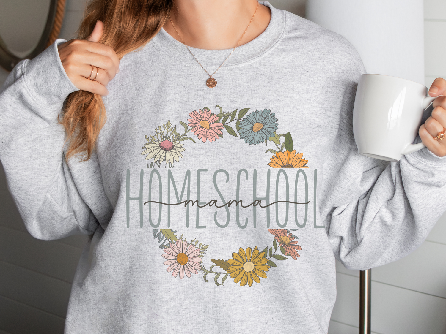 Homeschool Mom Shirt | "Homeschool Mama" Flower Wreath Sweatshirt-ash