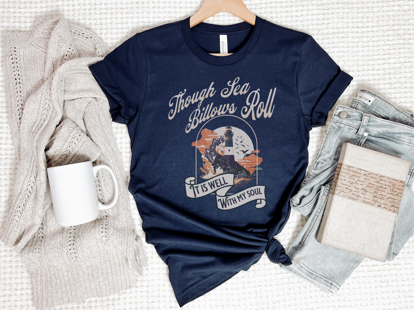 Christian T-shirt | "Though See Billows Roll, It Is Well With My Soul" tee-navy